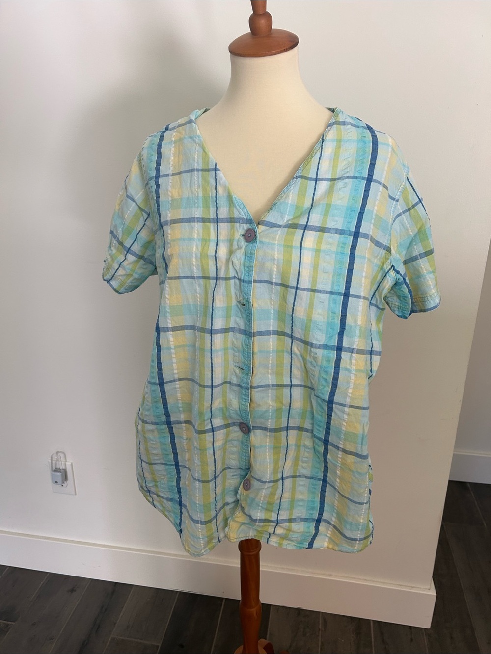 Light Blue & Yellow Plaid Button-Down Women's Shirt